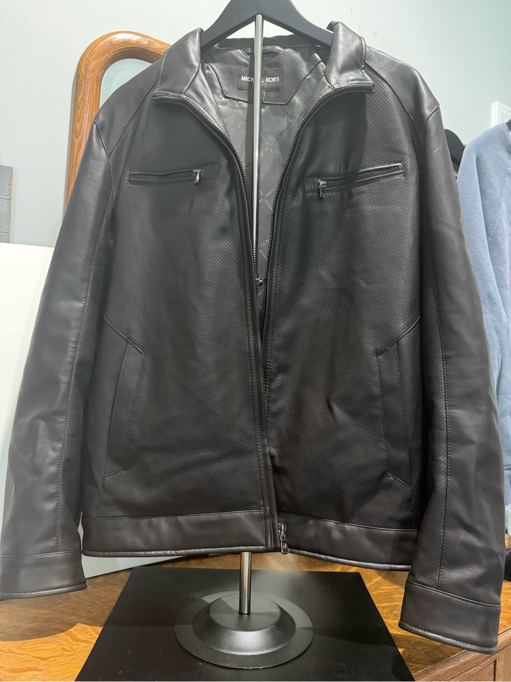 Michael Kors, men’s brown perforated, faux, leather Moto jacket, size large